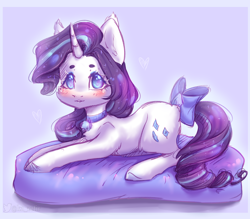 Size: 2884x2528 | Tagged: safe, artist:zefirka, imported from derpibooru, rarity, pony, unicorn, behaving like a cat, blushing, bow, chest fluff, cute, high res, jewelry, necklace, raribetes, solo, tail bow