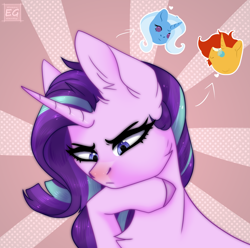 Size: 2176x2160 | Tagged: safe, artist:elektra-gertly, imported from derpibooru, starlight glimmer, sunburst, trixie, pony, unicorn, cheek fluff, chest fluff, ear fluff, high res, implied lesbian, implied shipping, implied starburst, implied startrix, implied straight, solo focus, thinking