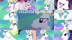 Size: 1280x720 | Tagged: safe, edit, edited screencap, editor:quoterific, imported from derpibooru, screencap, princess celestia, alicorn, pony, keep calm and flutter on, lesson zero, magical mystery cure, the cutie re-mark, angry, celestia is not amused, close-up, cute, cutelestia, emolestia, female, frown, glowing eyes, glowing horn, grin, gritted teeth, horn, mare, open mouth, open smile, smiling, solo, unamused