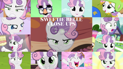 Size: 1280x721 | Tagged: safe, artist:quoterific, edit, edited screencap, editor:quoterific, imported from derpibooru, screencap, apple bloom, fluttershy, sweetie belle, pegasus, pony, unicorn, bloom and gloom, one bad apple, season 1, season 3, season 4, season 5, sisterhooves social, stare master, twilight time, apple bloom's bow, bipedal, bow, broom, close-up, cute, diasweetes, duo, duo female, female, filly, glasses, hair bow, helmet, offscreen character, open mouth, shocked, solo, solo focus, sweetie belle is not amused, unamused