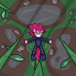 Size: 600x600 | Tagged: safe, artist:nitobit, imported from derpibooru, part of a set, pinkie pie, earth pony, pony, eyes closed, falling, female, grin, jumping, mare, micro, overhead view, pixel art, plant, puddle, rain, rock, shadow, smiling, solo, water, wetsuit