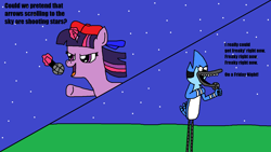 Size: 1536x864 | Tagged: safe, artist:logan jones, derpibooru exclusive, imported from derpibooru, twilight sparkle, bird, blue jay, pony, unicorn, aeroplanes and meteor showers, airplanes (song), backwards ballcap, baseball cap, cap, crossover, crossover shipping, female, friday night funkin', hat, levitation, magic, male, meme, microphone, mordecai, mordetwi, parody, redraw mordetwi meme, regular show, shipping, singing, song parody, song reference, straight, telekinesis, unicorn twilight