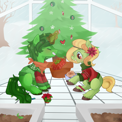 Size: 2000x2000 | Tagged: safe, artist:goshhhh, imported from derpibooru, oc, oc only, earth pony, pony, unicorn, christmas, christmas tree, flower, flower in hair, flower pot, high res, holiday, present, snow, tree