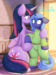 Size: 1630x2160 | Tagged: safe, artist:not_texmex, derpibooru exclusive, imported from derpibooru, princess luna, twilight sparkle, alicorn, pony, semi-anthro, unicorn, age regression, best filly, clothes, cute, dialogue, female, filly, filly luna, hug, lunabetes, pajamas, twilight sparkle (alicorn), woona, young luna, younger