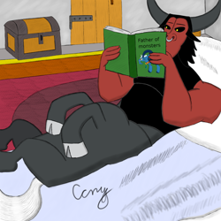 Size: 2000x2000 | Tagged: safe, artist:creepycutiemark, imported from derpibooru, grogar, lord tirek, centaur, sheep, taur, bed, bell, book, chest, door, grogar's bell, high res, male, pillow, ram, reading, younger