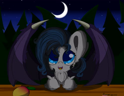 Size: 3200x2500 | Tagged: safe, artist:hisp, imported from derpibooru, oc, oc only, oc:eventide mist, bat pony, pony, bat wings, cute, female, fluffy, food, forest background, high res, mango, moon, neck fluff, night, smiling, solo, wings