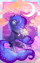 Size: 1324x2048 | Tagged: safe, artist:sophillia, imported from derpibooru, princess luna, alicorn, pony, cloud, crescent moon, ethereal mane, female, heart, looking at something, mare, moon, print, solo, starry eyes, starry mane, stars, wingding eyes