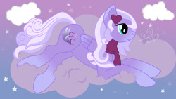 Size: 1182x665 | Tagged: safe, artist:mercyamour, imported from derpibooru, oc, oc only, oc:hearts allure, pegasus, pony, clothes, cloud, female, lying down, lying on a cloud, mare, on a cloud, pegasus oc, scarf, sky, snow, snowfall, wings, winter