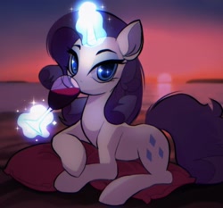 Size: 2048x1912 | Tagged: safe, artist:draw3, artist:draw__3, imported from derpibooru, rarity, pony, unicorn, alcohol, beach, cushion, cute, female, glass, looking at you, lying down, magic, mare, prone, solo, starry eyes, sunset, telekinesis, wine, wine glass, wingding eyes