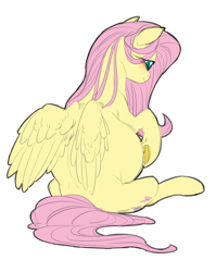 Size: 1854x2324 | Tagged: safe, artist:snspony, imported from derpibooru, fluttershy, pegasus, pony, blushing, caress, cute, daaaaaaaaaaaw, facing away, fluttermom, frog (hoof), preggoshy, pregnant, shyabetes, simple background, sitting, solo, underhoof, white background