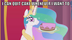 Size: 1066x600 | Tagged: safe, artist:whitehawke, edit, edited screencap, editor:twi clown, imported from derpibooru, screencap, princess celestia, alicorn, pony, blatant lies, cake, cakelestia, caption, crown, female, food, image macro, jewelry, magic, mare, regalia, solo, text, this will end in weight gain, throne