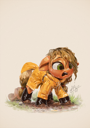 Size: 850x1200 | Tagged: safe, artist:assasinmonkey, imported from derpibooru, applejack, earth pony, pony, adorable distress, cowboy hat, cute, female, filly, galoshes, hat, jackabetes, mud, open mouth, raincoat, solo, wet, wet mane