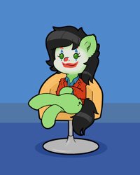 Size: 1200x1500 | Tagged: safe, artist:kumakum, imported from derpibooru, oc, oc only, oc:filly anon, earth pony, semi-anthro, chair, clothes, clown makeup, crossed legs, dc comics, digital art, female, filly, joker, joker (2019), makeup, shirt, simple, sitting, society, solo, the joker, this will end in getting what you fucking deserve