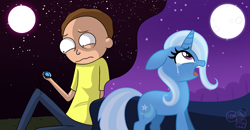 Size: 1457x756 | Tagged: safe, artist:galaxiemadchen, imported from derpibooru, trixie, human, pony, unicorn, crack shipping, crossover, crossover shipping, crying, female, male, morty smith, mortytri, rick and morty, shipping, straight