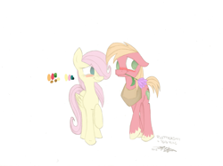 Size: 1280x959 | Tagged: dead source, safe, artist:estrill, imported from derpibooru, part of a set, big macintosh, fluttershy, earth pony, pegasus, pony, 2013, blushing, colored sketch, female, floppy ears, flower, flower in mouth, fluttermac, looking away, male, mouth hold, shipping, signature, simple background, sketch, straight, white background, wip