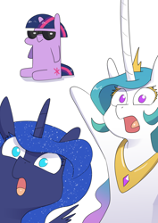 Size: 2480x3508 | Tagged: safe, artist:underpable, imported from derpibooru, princess celestia, princess luna, twilight sparkle, alicorn, pony, unicorn, :o, female, high res, horn, impossibly large horn, jewelry, mare, meme, open mouth, pointing, regalia, royal sisters, siblings, simple background, sisters, sitting, soyjak, sunglasses, twiggie, unicorn twilight, white background, wojak