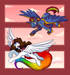 Size: 3800x4096 | Tagged: safe, artist:mscolorsplash, imported from derpibooru, oc, oc only, oc:color splash, oc:nebula, pegasus, pony, commission, duo, female, flying, male, mare, spread wings, stallion, wings