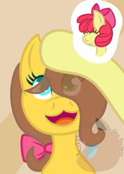 Size: 488x680 | Tagged: safe, artist:pichu1129, imported from derpibooru, apple bloom, oc, oc:apple slice, earth pony, pony, apple bloom's bow, aunt and niece, bow, eyes closed, female, filly, hair bow, head pat, heterochromia, mare, offscreen character, offspring, open mouth, open smile, parent:applejack, parent:caramel, parents:carajack, pat, petting, smiling