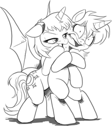 Size: 1123x1273 | Tagged: safe, artist:nauyaco, imported from derpibooru, oc, oc only, alicorn, bat pony, bat pony alicorn, pony, unicorn, bat wings, bipedal, blood sucking, duo, duo female, female, horn, monochrome, wings