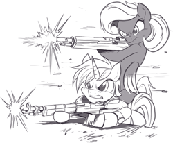 Size: 1191x981 | Tagged: safe, artist:nauyaco, imported from derpibooru, oc, oc only, pegasus, pony, unicorn, bipedal, duo, female, gun, gunshot, male, mare, monochrome, shooting, weapon