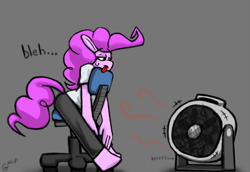 Size: 1000x687 | Tagged: safe, artist:genericmlp, imported from derpibooru, pinkie pie, anthro, chair, clothes, fan, pants, shirt, solo, tongue out