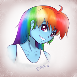 Size: 1000x1000 | Tagged: safe, artist:empyu, imported from derpibooru, rainbow dash, equestria girls, female, short hair, signature, sketch, smiling, solo