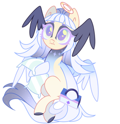 Size: 1300x1350 | Tagged: safe, alternate version, artist:syriskater, derpibooru exclusive, imported from derpibooru, oc, oc only, oc:saint gloria, angel pony, original species, pegasus, pony, angel, box, eyeshadow, female, halo, head wings, makeup, mare, markings, medkit, pillow, simple background, solo, transparent background, wings