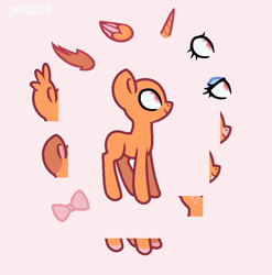 Size: 858x870 | Tagged: safe, artist:jadezy28, imported from derpibooru, pony, base, bat wings, bow, ear fluff, eyeshadow, fangs, freckles, horn, makeup, pink background, simple background, solo, wings