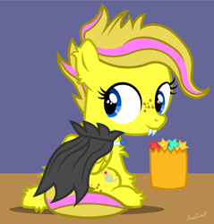 Size: 2000x2095 | Tagged: safe, artist:thunderdasher07, imported from derpibooru, oc, oc only, oc:mist dasher, pony, vampire, alternate hairstyle, butt freckles, candy, candy bag, chest fluff, clothes, costume, ear fluff, fake fangs, female, filly, food, freckles, halloween, halloween costume, high res, holiday, nightmare night, simple background, solo, vampire costume