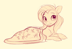 Size: 2340x1607 | Tagged: safe, artist:imalou, imported from derpibooru, fluttershy, pegasus, pony, blanket, blushing, cute, daaaaaaaaaaaw, female, looking at you, lying down, mare, monochrome, prone, shyabetes, simple background, sketch, smiling