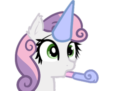 Size: 407x300 | Tagged: safe, artist:neuro, sweetie belle, pony, unicorn, bust, confused, female, filly, hat, party hat, party horn, portrait, simple background, solo, transparent background