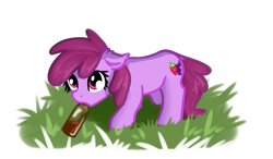 Size: 848x495 | Tagged: safe, artist:neuro, berry punch, berryshine, earth pony, pony, alcohol, beer, beer bottle, dock, drawthread, female, floppy ears, grass, mare, mouth hold, simple background, solo, transparent background