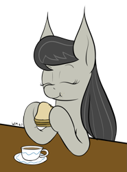 Size: 775x1049 | Tagged: safe, artist:wapamario63, imported from ponybooru, octavia melody, earth pony, pony, bread, colored, cup, cute, eating, eyes closed, female, flat colors, food, mare, plate, sandwich, simple background, solo, table, tea, teacup, toast, toast sandwich, transparent background