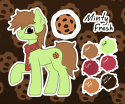 Size: 1536x1280 | Tagged: safe, artist:keupoz, imported from derpibooru, oc, oc only, earth pony, abstract background, clothes, commission, cookie, earth pony oc, food, reference sheet, scarf, text