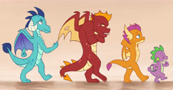 Size: 7500x3900 | Tagged: safe, artist:chub-wub, imported from derpibooru, garble, princess ember, smolder, spike, dragon, arm behind head, crossed arms, dragoness, eyes closed, female, line-up, male, orange background, profile, simple background, walking