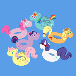 Size: 1832x1832 | Tagged: safe, artist:amynewblue, imported from derpibooru, applejack, fluttershy, pinkie pie, rainbow dash, rarity, twilight sparkle, earth pony, pegasus, pony, unicorn, inner tube, mane six, objectification, species swap, sunglasses, water