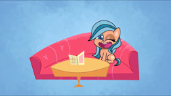 Size: 3000x1690 | Tagged: safe, imported from derpibooru, screencap, earth pony, pony, my little pony: pony life, spoiler:pony life s02e14, ;d, background pony, blue background, couch, g4.5, life of pie, one eye closed, orange zest, pony life, simple background, sitting, solo