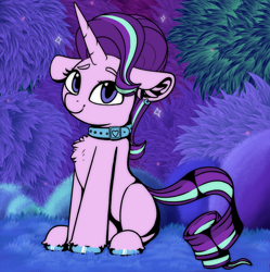 Size: 1236x1239 | Tagged: safe, artist:llametsul, imported from derpibooru, starlight glimmer, pony, unicorn, atg 2021, collar, ear fluff, ear piercing, earring, female, forest, horn, jewelry, looking at you, mare, newbie artist training grounds, piercing, smiling, solo, sparkles, unshorn fetlocks