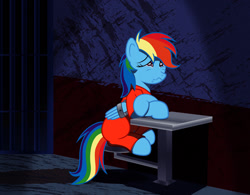 Size: 1280x999 | Tagged: safe, artist:spellboundcanvas, imported from derpibooru, rainbow dash, pegasus, pony, clothes, crying, cuffs, jumpsuit, newbie artist training grounds, prison, prison outfit, prisoner, prisoner rd, restraints, sad, solo, wing cuffs