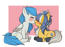 Size: 3000x2171 | Tagged: safe, artist:off_9999, imported from derpibooru, oc, oc:stormpone, oc:sun showers, pegasus, pony, blushing, clothes, cute, eyes closed, greentext, hair over one eye, high res, kissing, one eye covered, sitting, socks, text