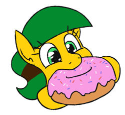 Size: 601x551 | Tagged: safe, artist:jargon scott, imported from derpibooru, oc, oc only, oc:blocky bits, earth pony, pony, donut, eating, female, food, giant food, mare, simple background, solo, white background