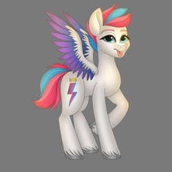 Size: 828x828 | Tagged: safe, artist:ittybittybiters, imported from derpibooru, zipp storm, pegasus, pony, female, g5, gray background, mare, simple background, solo, spread wings, tongue out, wings