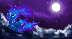 Size: 1280x708 | Tagged: safe, artist:natanvok, imported from derpibooru, princess luna, alicorn, pony, cloud, ethereal mane, female, full moon, galaxy mane, looking up, mare, missing accessory, missing cutie mark, moon, night, solo, stars, windswept mane, wingless