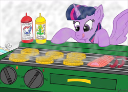 Size: 1280x929 | Tagged: safe, artist:pianoflagerag, imported from derpibooru, twilight sparkle, alicorn, fish, pony, atg 2021, barbeque, burger, food, grill, hay burger, hot dog, hungry, ketchup, looking down, meat, mustard, newbie artist training grounds, salmon, sauce, sausage, smoke, spread wings, that pony sure does love burgers, tongue out, twilight burgkle, twilight sparkle (alicorn), wings