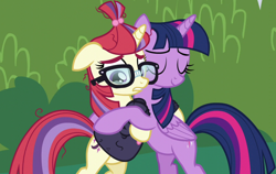 Size: 1672x1057 | Tagged: safe, imported from derpibooru, screencap, moondancer, twilight sparkle, alicorn, pony, unicorn, amending fences, season 5, bipedal, clothes, cropped, crying, duo, duo female, eyes closed, female, glasses, hug, mare, sweater, teary eyes, teeth, twilight sparkle (alicorn)