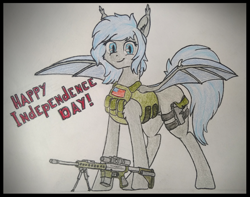 Size: 3400x2673 | Tagged: safe, artist:yognaughtsteve, imported from derpibooru, oc, oc only, oc:midnight dagger, bat pony, pony, 4th of july, glock, gun, handgun, high res, holiday, independence day, pistol, plate carrier, rifle, solo, united states, weapon