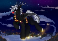 Size: 900x631 | Tagged: safe, artist:mediasmile666, imported from derpibooru, oc, oc only, pegasus, pony, antlers, cloud, deer costume, looking at you, male, night, night sky, sky, solo, stallion