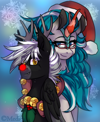 Size: 900x1098 | Tagged: safe, artist:mediasmile666, imported from derpibooru, oc, oc only, kirin, pegasus, pony, abstract background, christmas, duo, female, hat, holiday, kirin oc, looking at you, male, mare, santa hat, sitting, stallion