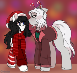 Size: 900x851 | Tagged: safe, artist:mediasmile666, imported from derpibooru, oc, oc only, earth pony, pony, abstract background, christmas, clothes, duo, female, hat, holiday, looking at each other, male, mare, santa hat, scarf, stallion, standing