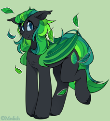 Size: 900x989 | Tagged: safe, artist:mediasmile666, imported from derpibooru, oc, oc only, bat pony, pony, bat pony oc, bat wings, female, green background, leaf, looking at you, mare, raised leg, simple background, solo, wings